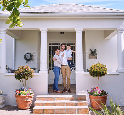 Buy stock photo Happy, portrait and family outdoor of new house with hug, love and care for mortgage together. Smile, porch and parents embracing and bonding with boy child for homeownership or property investment.