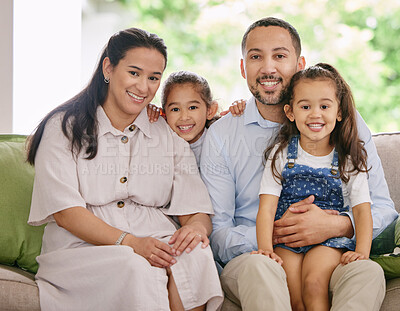 Buy stock photo Happy, smile and family portrait on a sofa with love, embrace and bonding in their home together. Face, children and parents on a couch relax, sweet or embracing in living room, cheerful and chilling