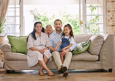 Buy stock photo Portrait, parents and happy family with children on sofa to relax, bonding and love in home. Mother, father and siblings laugh in living room together for connection, support or holding hands of girl