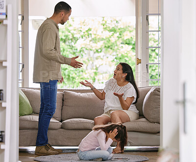 Buy stock photo Stress, family and parents fighting on sofa, toxic and parenting fail with child on living room floor. Divorce, crisis and kid with noise complaint gesture from angry man with woman in home conflict 