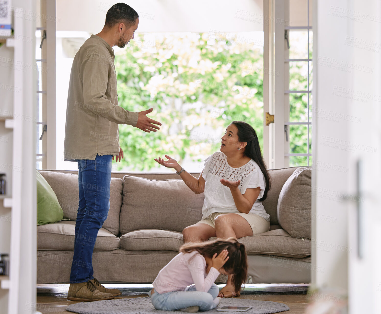 Buy stock photo Stress, family and parents fighting on sofa, toxic and parenting fail with child on living room floor. Divorce, crisis and kid with noise complaint gesture from angry man with woman in home conflict 