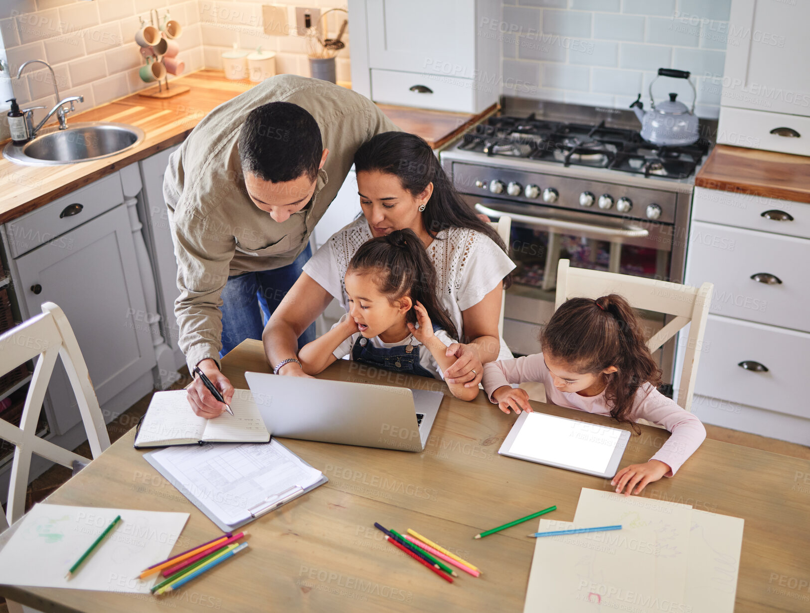 Buy stock photo Parents, children and laptop for education, homework and  development by studying and learning at home. Family, girls and writing by sisters for teaching, growth or help with books or sketch at table