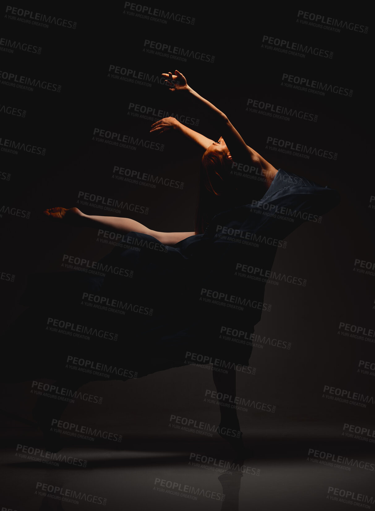 Buy stock photo Dance, woman kick and ballet in studio with performance, flexibility and dark background. Arm stretching, art and balance pose with ballerina routine of dancer and performer with show and creativity 