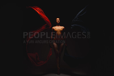 Buy stock photo Ballet, portrait and ribbon dance with woman on dark background for dramatic theater performance. Art, class and elegance with confident person at dancing practice, recital or rehearsal for showcase