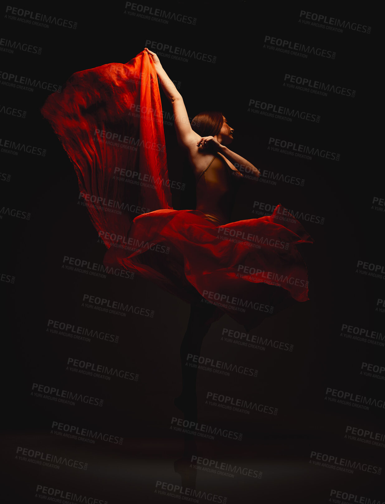 Buy stock photo Dancing, woman and ballet dress flow in studio with performance, turn and dark background with balance. Red, art and fabric with ballerina routine of dancer and performer with costume and creativity 