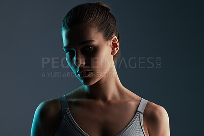 Buy stock photo Shadow, woman or portrait in studio for beauty, mystery or face treatment, skincare and mockup space. Cosmetics influencer, model or mysterious with skin wellness on dark background for dermatology