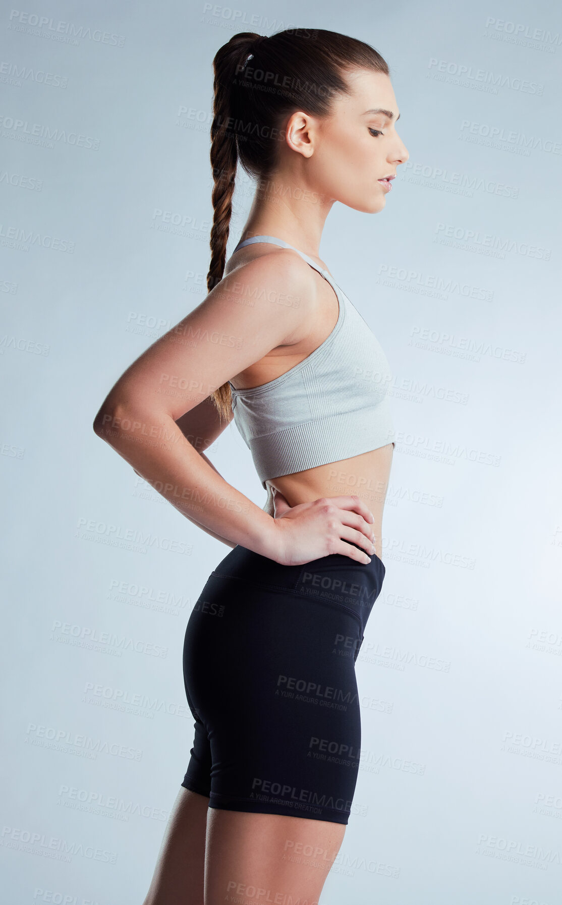 Buy stock photo Woman, profile and confidence for fitness in studio with wellness, exercise and strong body. Female athlete, pride and health for sports training with power, resilience and ready by gray background