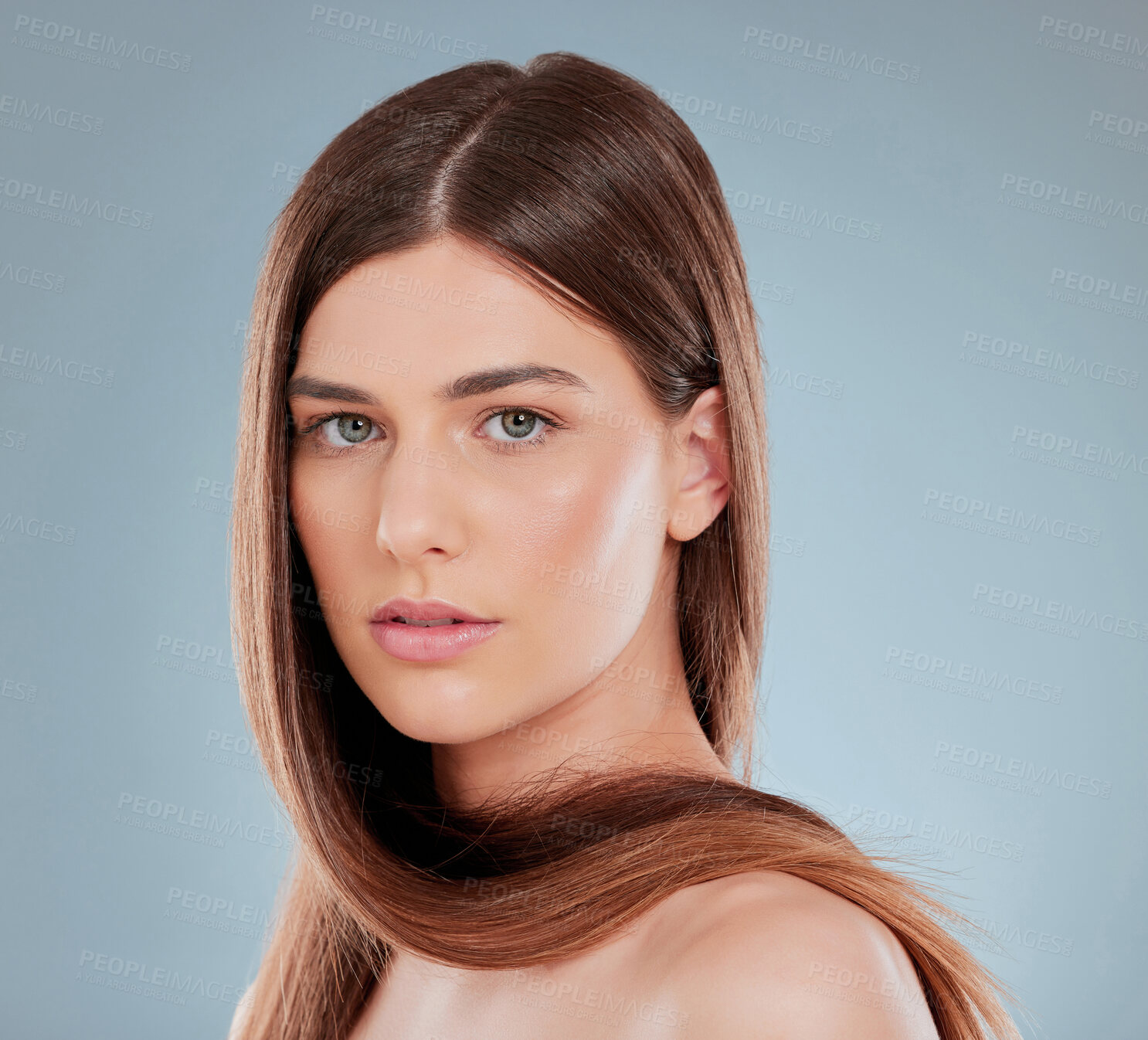 Buy stock photo Hair care, confidence and portrait of woman in studio for salon treatment, health and satisfaction. Relax, serious and female person with pride for shampoo shine, growth and glow on gray background