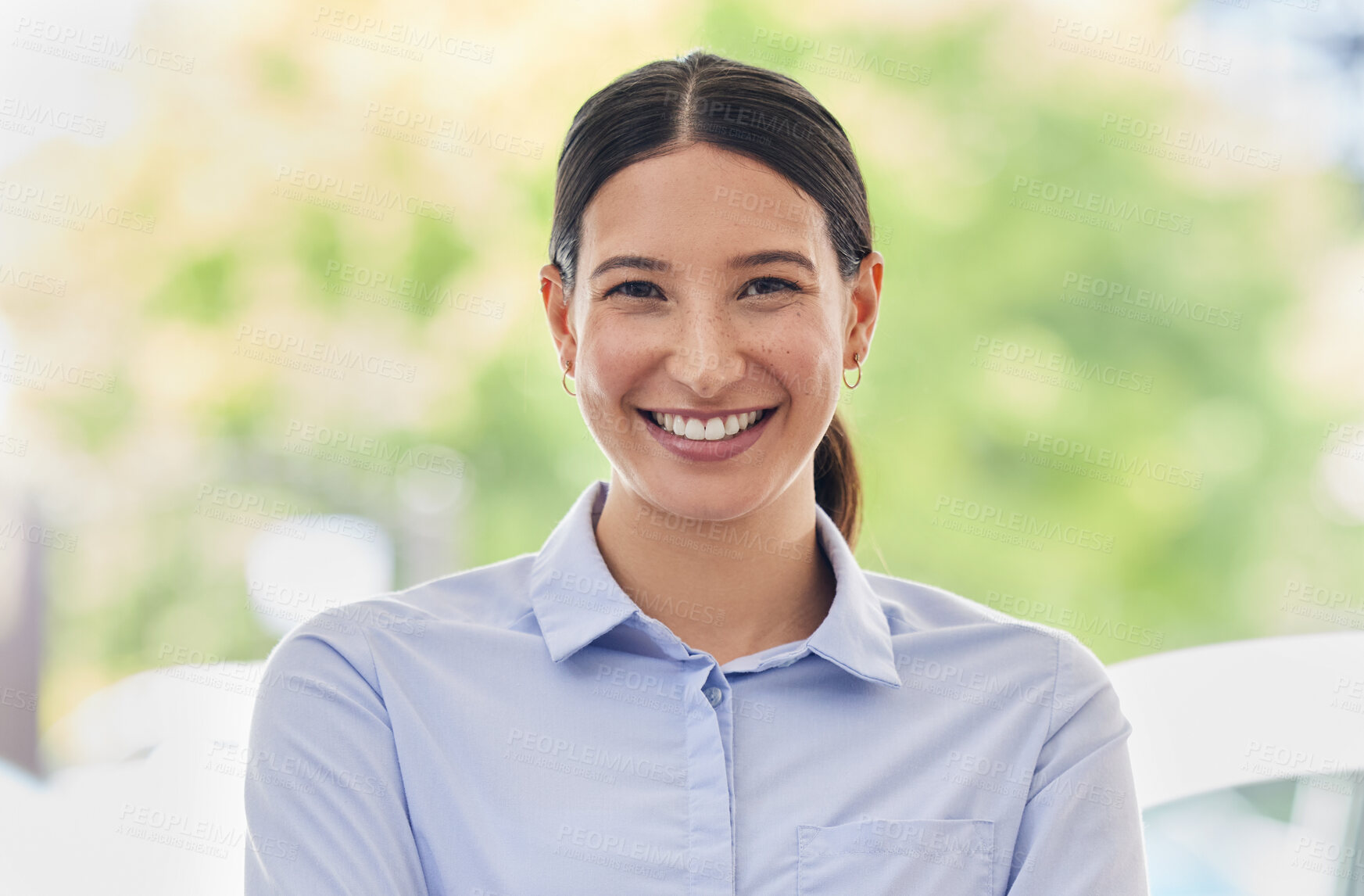 Buy stock photo Portrait, smile and a business woman administrator at work during the day on a green blurred background. Happy, confident and proud with an attractive young female employee standing outdoor alone