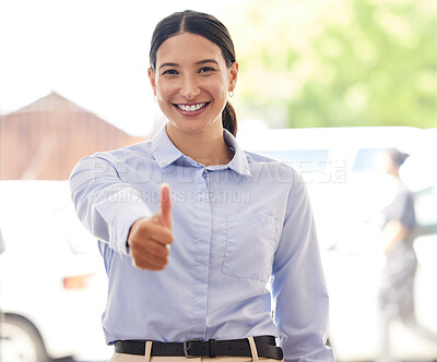 Buy stock photo Business woman, thumbs up and portrait with feedback, review and thank you for agreement, success or support. Professional excellence, pride and praise with emoji, yes or like with vote in workplace