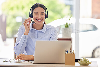 Buy stock photo Woman, callcenter and phone call with laptop for communication, tech support and help desk agent. Advice, CRM and telecom for internet maintenance, happy consultant and customer service office