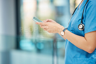 Buy stock photo Nurse, hands and phone for healthcare communication, social media post and networking of homecare service. Hospital, doctor or caregiver woman with mobile contact, medical or telehealth and typing