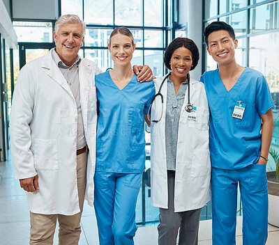 Buy stock photo Healthcare, doctors and nurses group portrait in a hospital together for teamwork, support and trust. Diversity men and women medical team in huddle for collaboration, healing and professional care