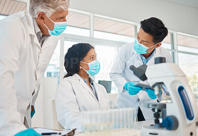 Buy stock photo Mask, teamwork and scientist in laboratory with discussion, compliance and safety regulations for experiment. Healthcare, men and woman for medical research, vaccine vial or planning in collaboration