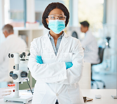 Buy stock photo Laboratory, mask and woman in portrait with arms crossed, planning and investigation for medical diagnosis. Healthcare, black doctor and confident with PPE, gloves and glasses for protection