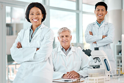 Buy stock photo Science, team and portrait of people in laboratory for medical experiment, collaboration or innovation. Diversity, scientist and employee with pride by microscope for vaccine, study or research trial