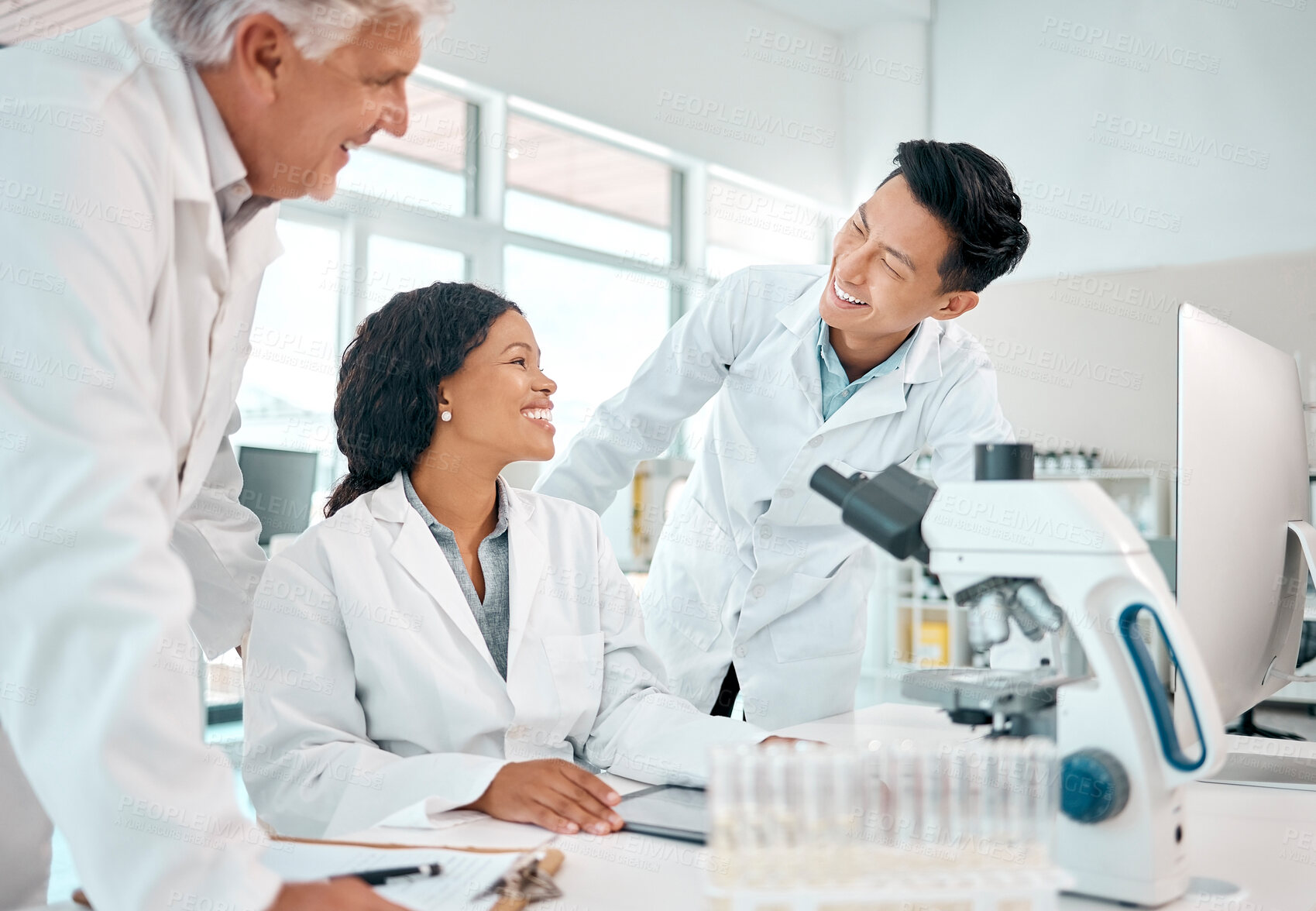 Buy stock photo Group, people and scientist for healthcare in lab with medical equipment, collaboration and research experiment. Smile, employees and support, talking and biotechnology for medicine innovation