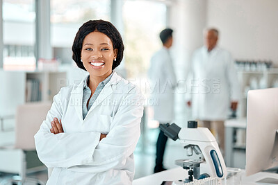 Buy stock photo Science, woman and portrait with arms crossed in lab for confidence with medical research and microbiology study. Professional, scientist and happy for chemistry breakthrough, innovation and analysis