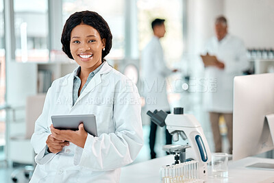 Buy stock photo Tablet, black woman and portrait of a scientist in laboratory, hospital or science research for medicine, chemistry or innovation. Doctor, technology and medical worker with smile in clinic or lab