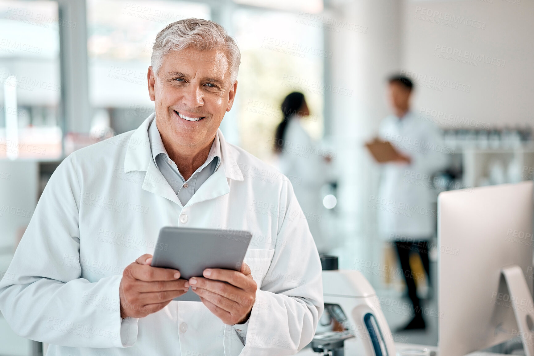 Buy stock photo Scientist, portrait and mature man with tablet in lab for innovation, research or investigation. Online, pathology and technician with confidence for discovery, breakthrough or medical experiment