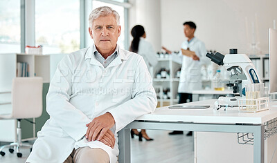 Buy stock photo Scientist, portrait and mature man in laboratory for innovation, research or investigation. Solution, pathology and technician with confidence for discovery, breakthrough or medical experiment