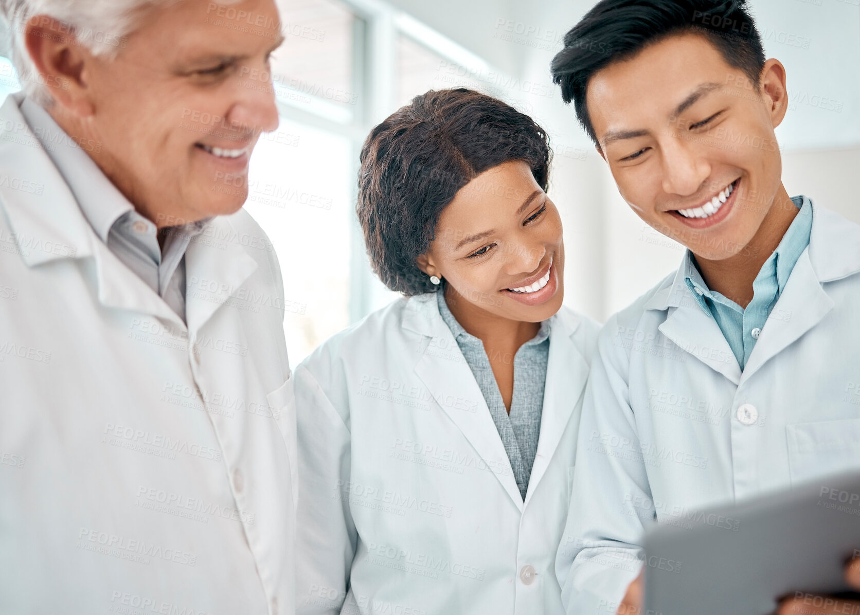 Buy stock photo Group, scientist and tablet for medical research, teamwork and review in laboratory as employee or staff. People, doctors and technology with results, feedback or analysis for science or breakthrough