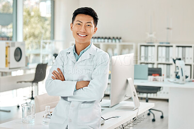 Buy stock photo Happy, pride and portrait of a scientist with arms crossed for science, research and medical innovation. Smile, expert and an Asian man in a lab for biotechnology, futuristic medicine and physics