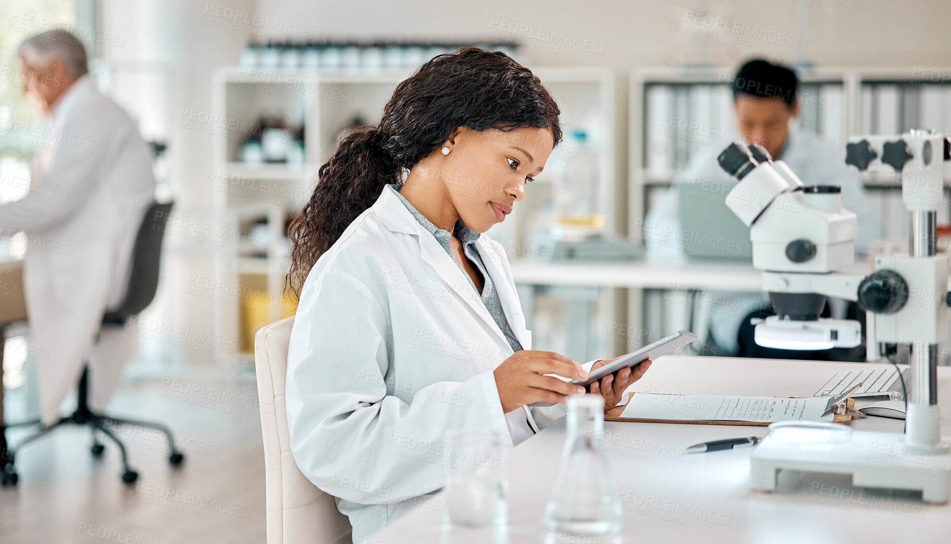 Buy stock photo Woman, scientist and tablet for review, analysis and medical research in laboratory as employee or staff. Female person, doctor and tech for results, feedback or pathology for science or breakthrough