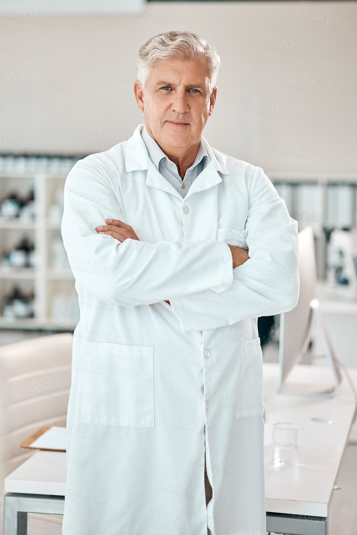 Buy stock photo Mature man, science and portrait with arms crossed in lab for confidence with medical research or microbiology study. Scientist, person and healthcare expert for chemistry breakthrough and innovation