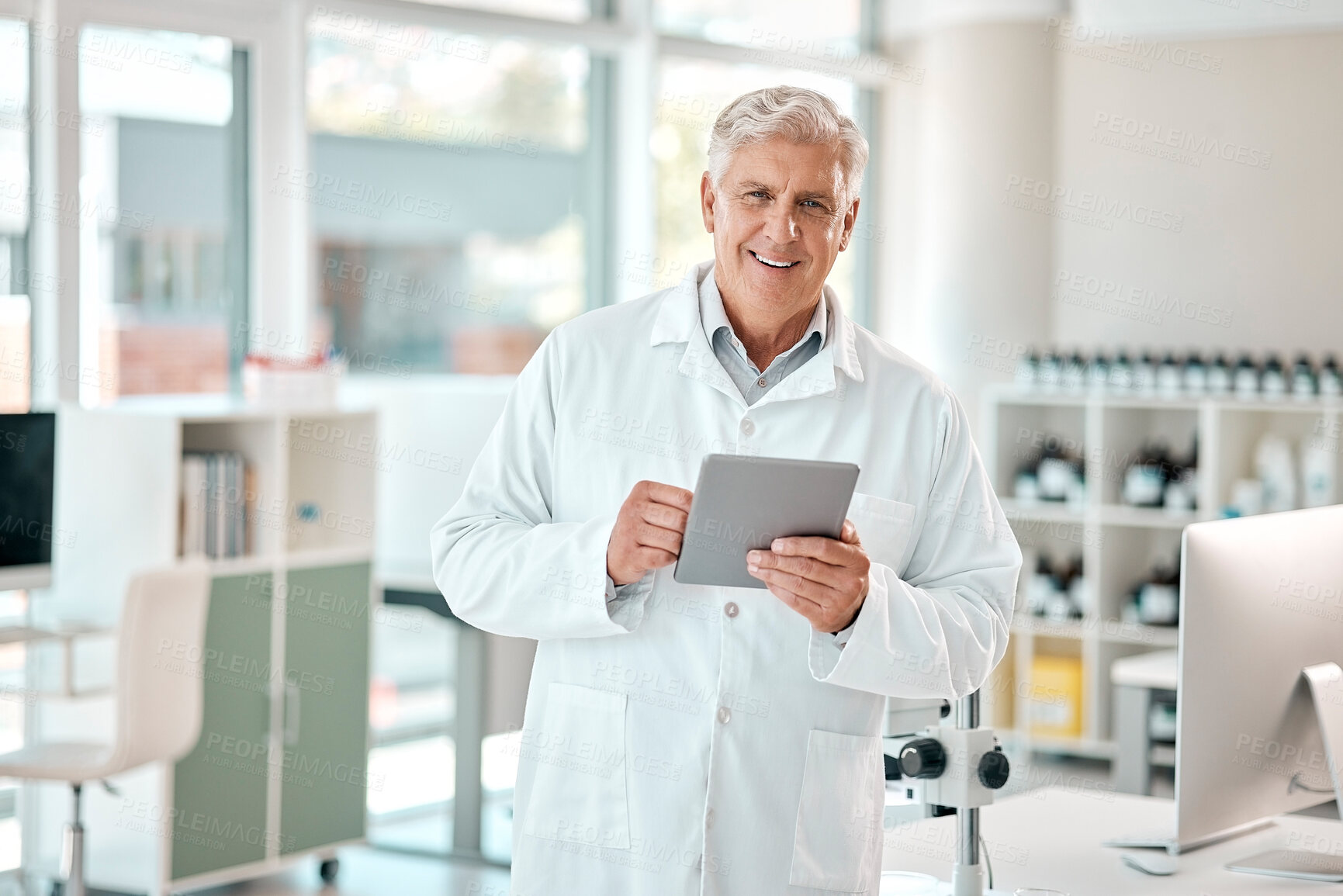 Buy stock photo Scientist, portrait and mature man with tablet in laboratory for innovation, research or investigation. Online, pathology and person with confidence for discovery, breakthrough or medical experiment