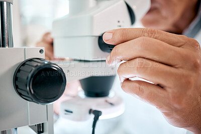 Buy stock photo Hands, microscope and laboratory for medical research, science and specimen for pharmaceutical or medicine. Person, equipment and tech for innovation in healthcare, pathology or chemistry with study