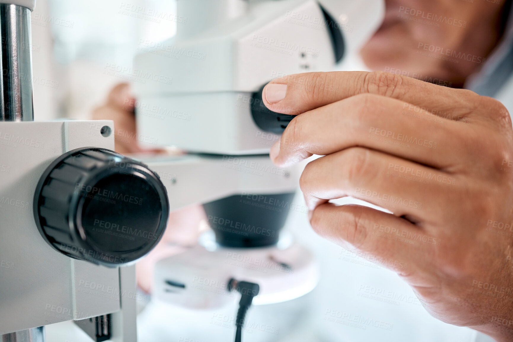 Buy stock photo Hands, microscope and laboratory for medical research, science and specimen for pharmaceutical or medicine. Person, equipment and tech for innovation in healthcare, pathology or chemistry with study