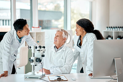 Buy stock photo Science, team and people with consultation in laboratory for medical research, planning and solution. Scientist, employee and microscope with conversation for vaccine study, support or clinical trial