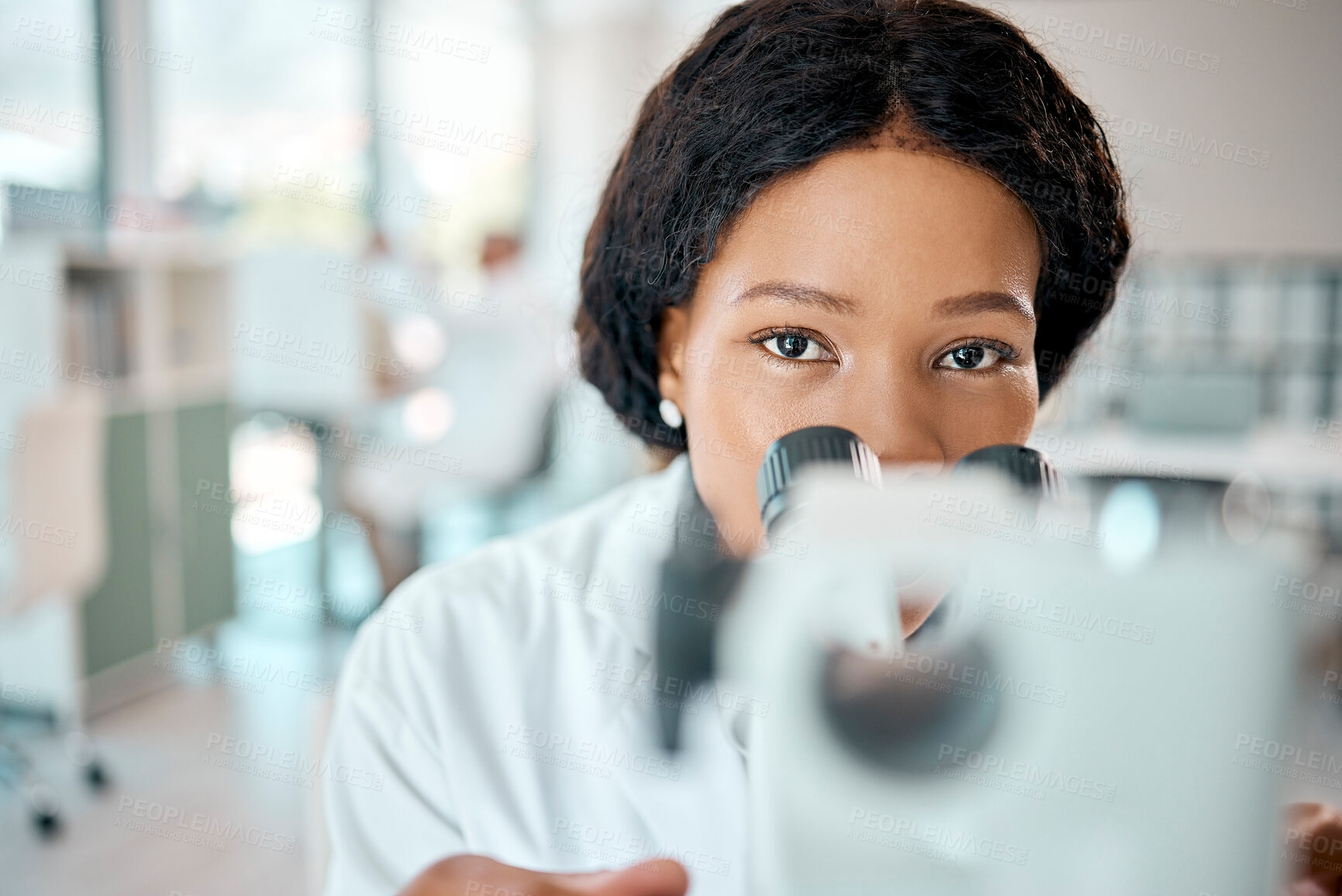 Buy stock photo Portrait, black woman and scientist with microscope in lab for experiment, study and biotechnology solution. African, healthcare person and medical investigation, research and vaccine innovation