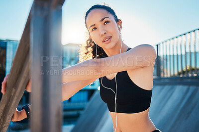 Buy stock photo Outdoor, woman and thinking with earphones for fitness on break with exercise, running and workout in Atlanta. Female person, music and playlist, audio or podcast for health, wellness and wellbeing