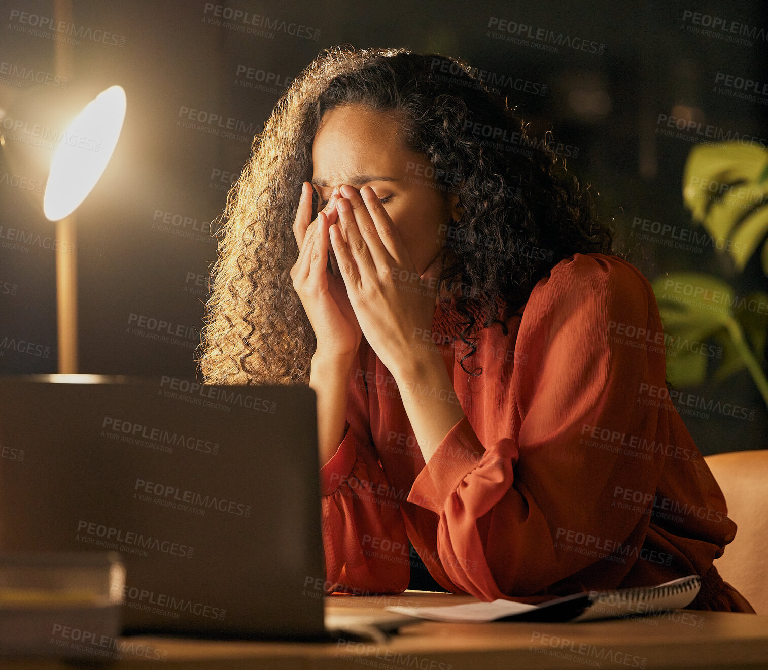 Buy stock photo Woman, night and laptop for eye strain burnout, stress and frustrated with tax or bankruptcy in office. Female person, 404 error and glitch for sight difficulty, risk and anxiety for mistake or pain