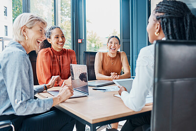 Buy stock photo Laughing, planning business and women in a meeting for strategy, teamwork and a workforce team. Happy, office and diversity with people at work for a corporate collaboration and coworking together