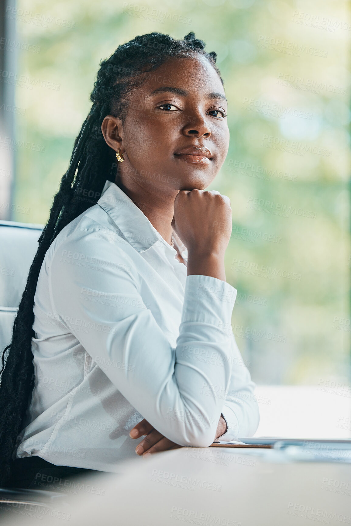 Buy stock photo Portrait, ambition and confident in office, black woman and proud of business, lawyer and corporate. Serious, attorney and professional as public defender, justice and empowerment of person and legal