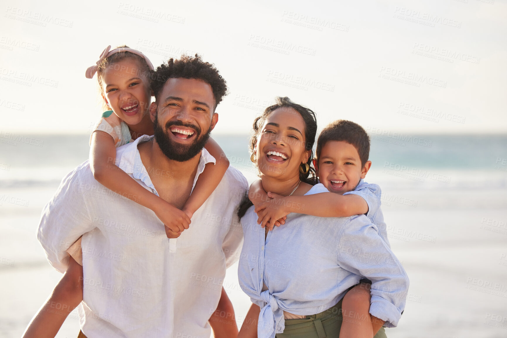 Buy stock photo Family, children and beach portrait or piggyback, smile and happiness on summer vacation in nature together. Playful, carrying and parents for support, love and weekend break for bonding with kids