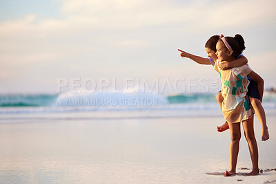 Buy stock photo Beach, siblings and happy kids piggyback on holiday, vacation or travel together outdoor. Children, sister and carry brother at sea to point at mockup space or playing on tropical adventure in summer