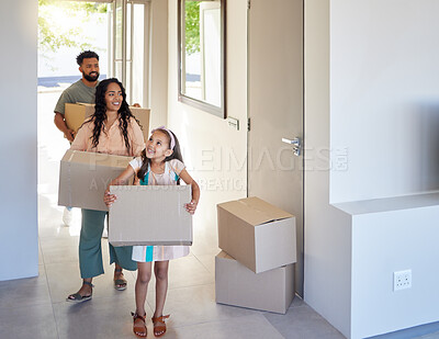 Buy stock photo Happy family, real estate and moving in new home with box for property, mortgage loan or relocation. Mother, father and child homeowner carrying boxes together for renovation in apartment or house