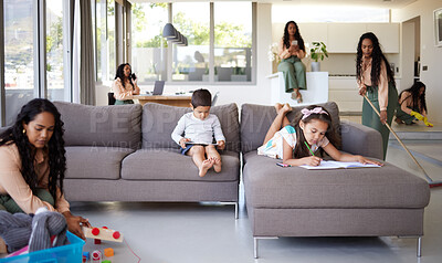 Buy stock photo Busy, multitask and mother cleaning in living room with family on sofa for chores as housewife. Balance, composite or juggling with woman parent in apartment for remote work or responsibility