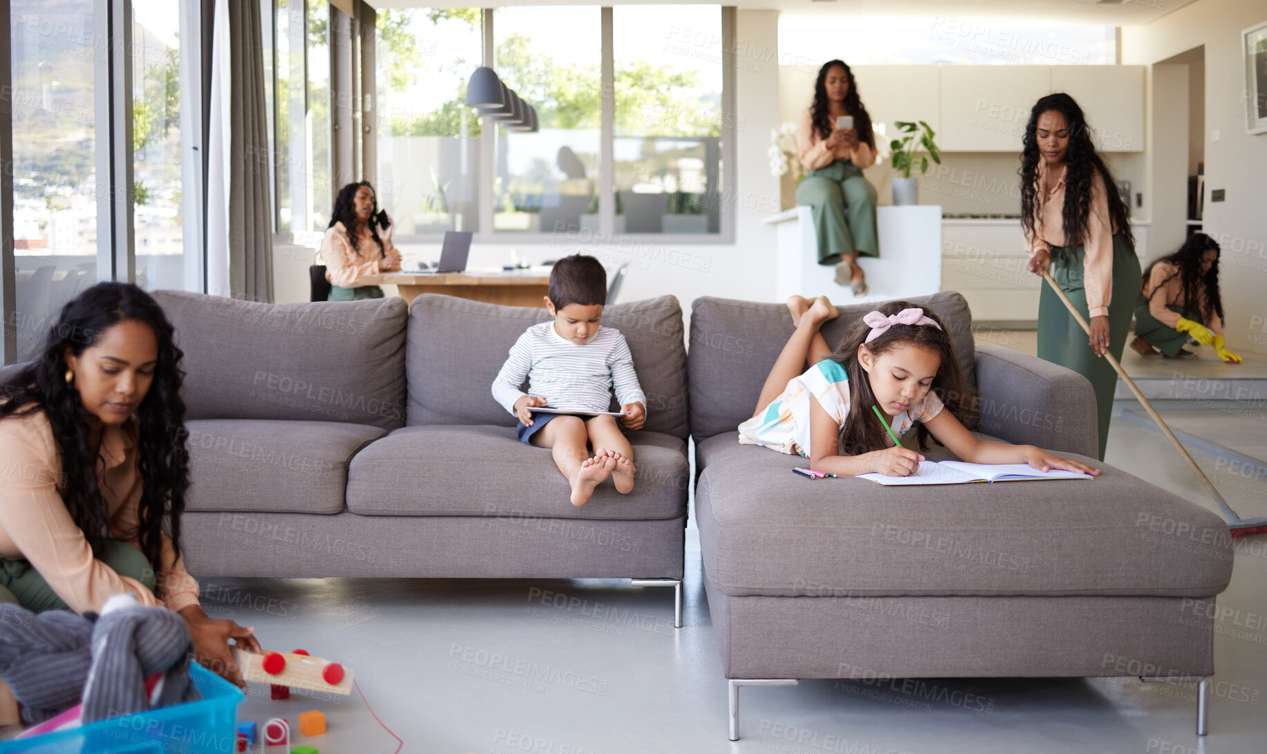 Buy stock photo Busy, multitask and mother cleaning in living room with family on sofa for chores as housewife. Balance, composite or juggling with woman parent in apartment for remote work or responsibility