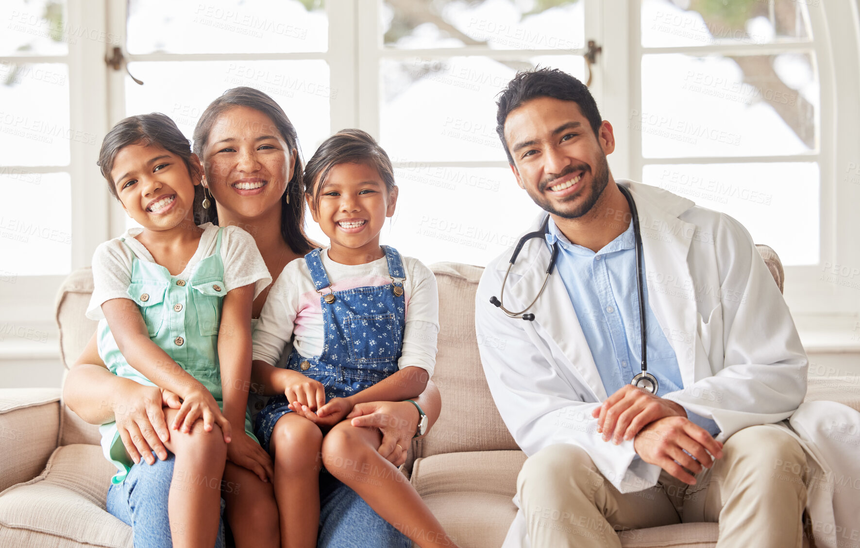 Buy stock photo Doctor, family and children checkup in portrait, healthcare and consulting in house visit or service. Physician, mother and kids for examination or appointment, talking and pediatrician patients