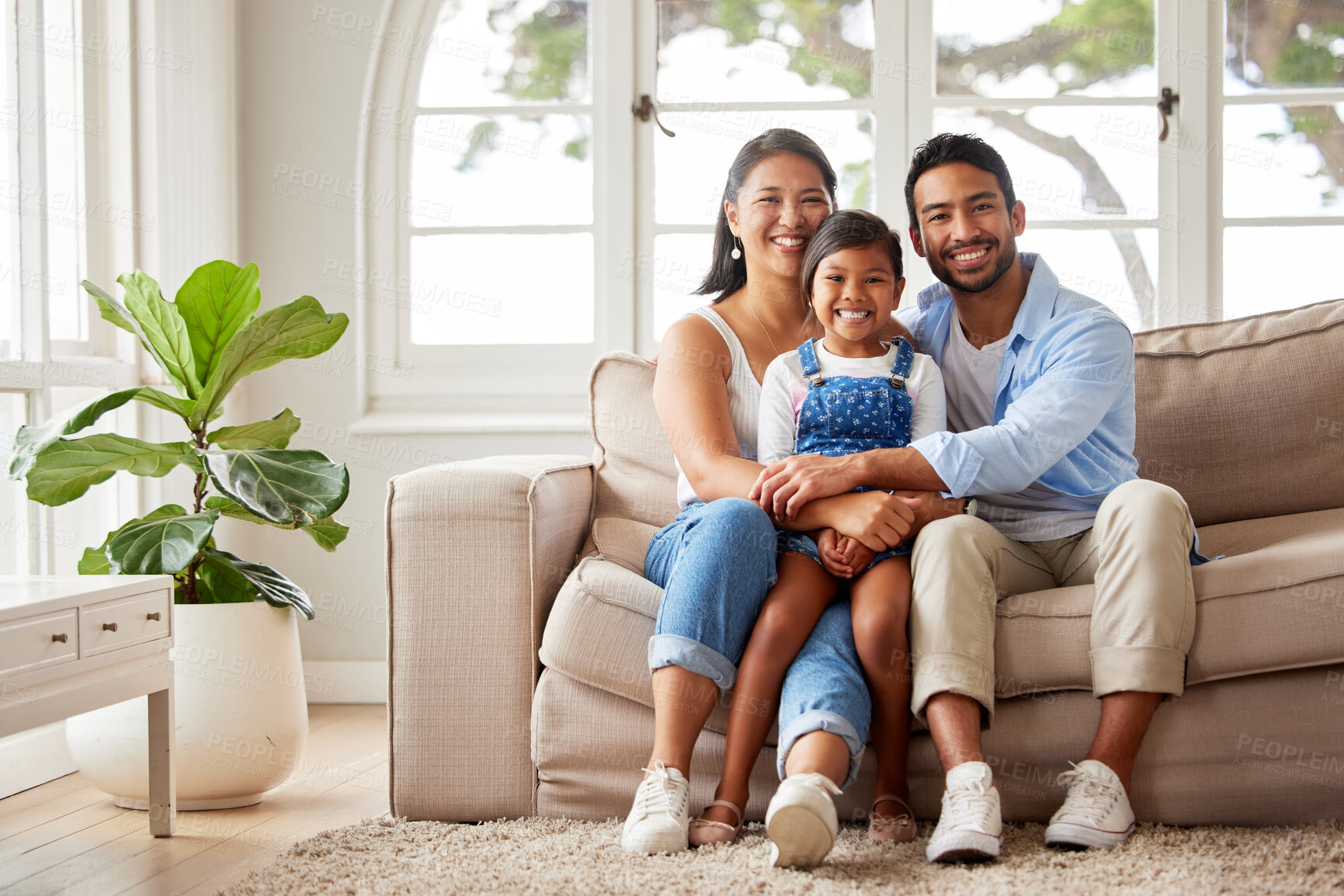 Buy stock photo Family, couch and relax in home living room for hug, support and unity with parents in lounge. Love, together and sofa for portrait with mom and dad, bonding and smile and weekend holiday in Florida