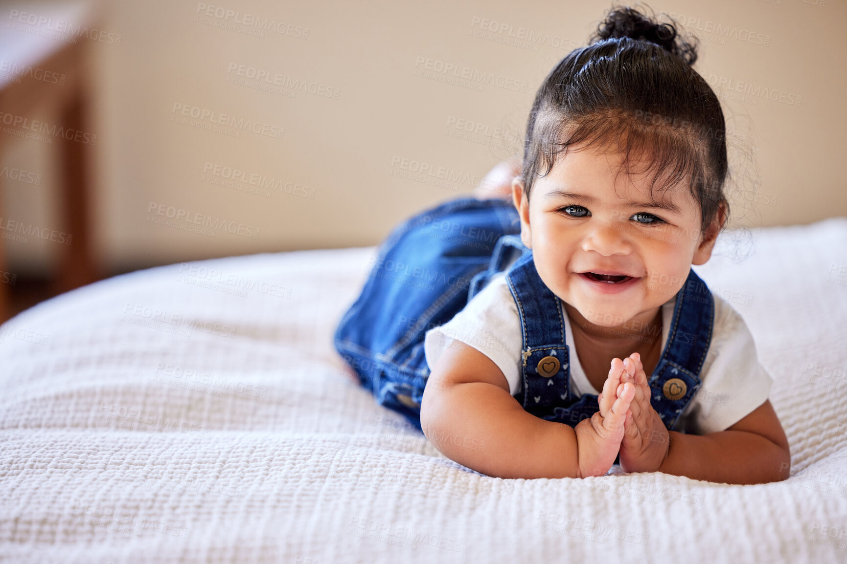 Buy stock photo Cute, portrait and smile with baby girl on bed in home for child development, future or growth. Adorable, innocent and sweet with happy toddler in bedroom of apartment for curiosity or learning