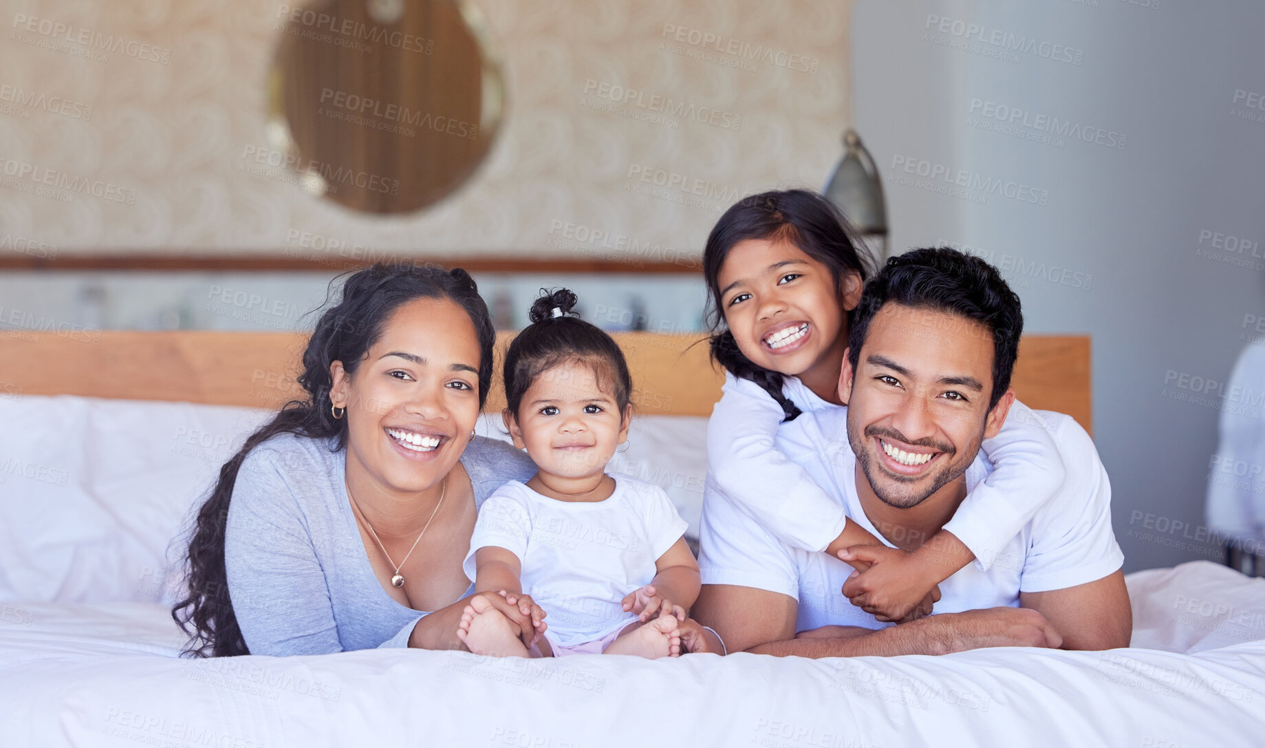 Buy stock photo Family bed bonding daughter parent sister baby cute love house