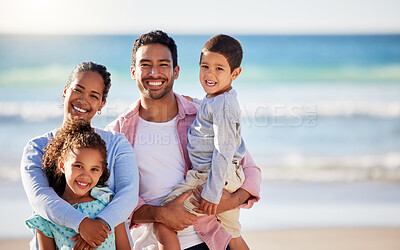 Buy stock photo Happy family, beach and smile in portrait for holiday or travel, solidarity in Mexico with children. Mom, dad and kids by ocean for vacation with sea adventure, love in nature with happiness