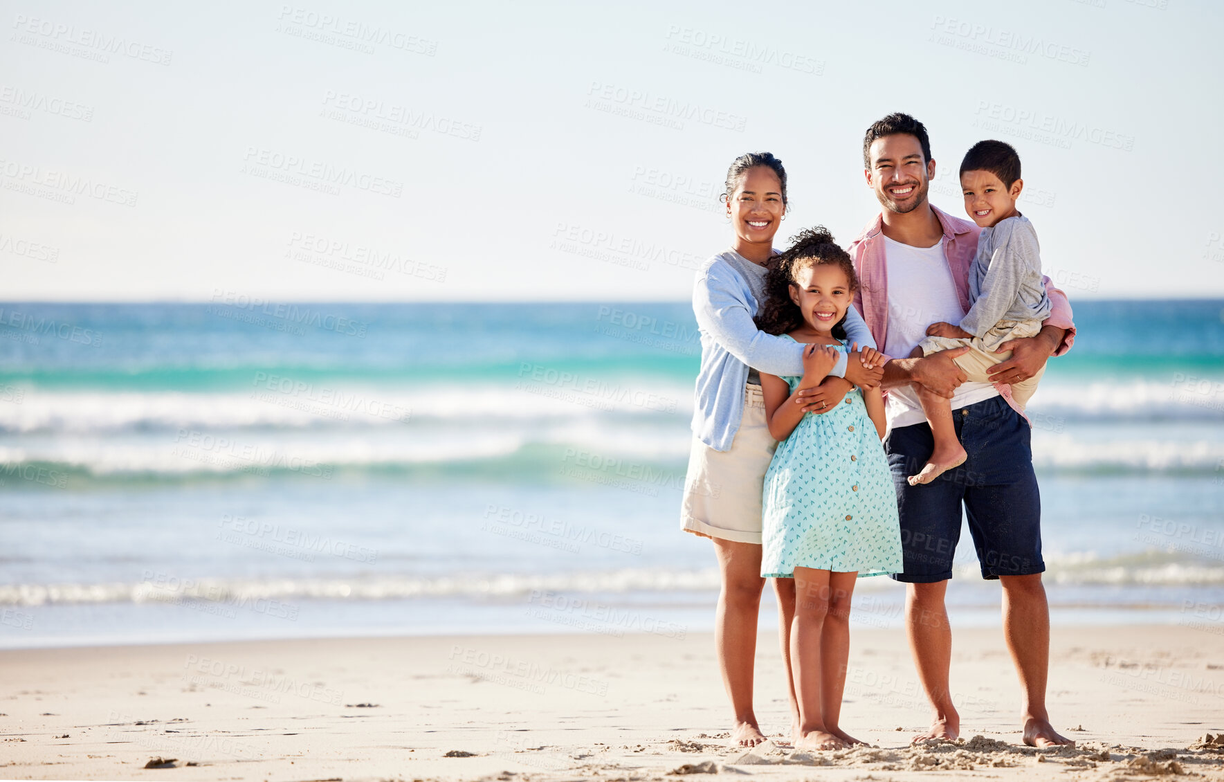 Buy stock photo Happy family, ocean and smile in portrait for holiday or travel, solidarity in Mexico with children. Mom, dad and kids by beach for vacation with sea adventure, freedom in nature with mockup space