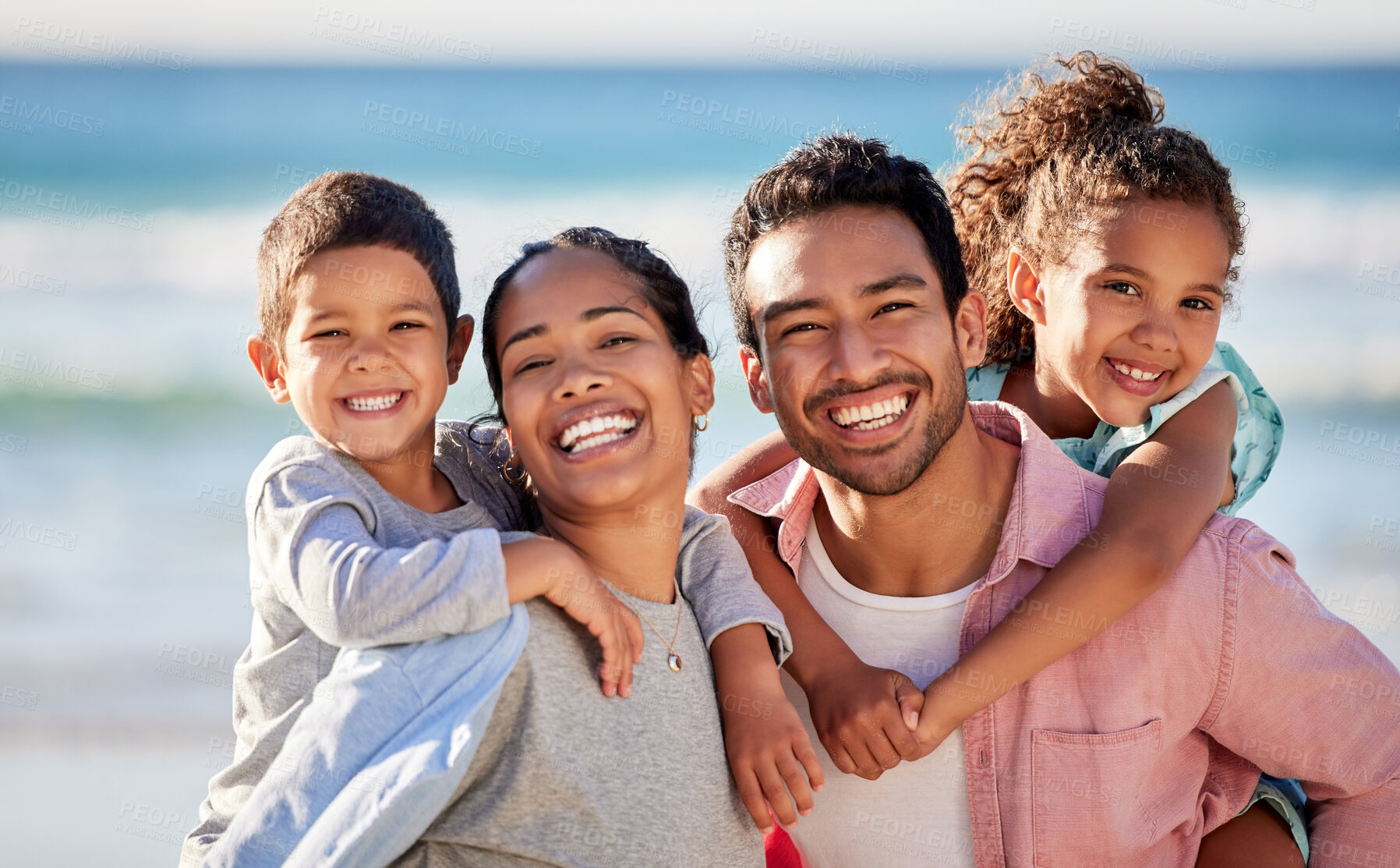 Buy stock photo Family, beach and happiness in portrait for holiday or travel, solidarity in Mexico with children. Mom, dad and kids by ocean for vacation with sea adventure, relax in nature with big smile